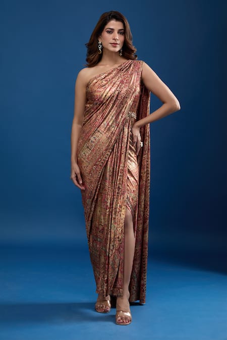 Tarun Tahiliani_Multi Color One Shoulder Floral Pattern Dress _Online_at_Aza_Fashions