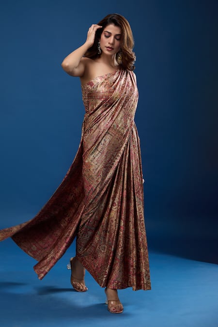 Shop_Tarun Tahiliani_Multi Color One Shoulder Floral Pattern Dress _Online_at_Aza_Fashions