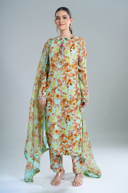 Anamika Khanna Sky Blue Embroidery Round Neck Floral Print Kurta Set