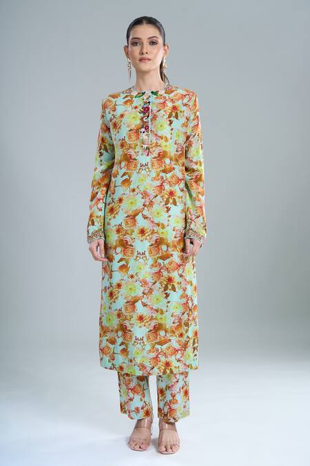 Shop_Anamika Khanna_Sky Blue Embroidery Round Neck Floral Print Kurta Set_Online_at_Aza_Fashions