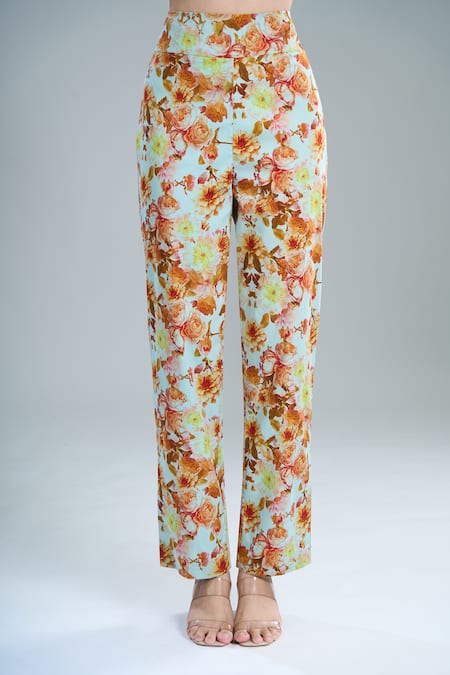 Anamika Khanna_Sky Blue Embroidery Round Neck Floral Print Kurta Set_at_Aza_Fashions