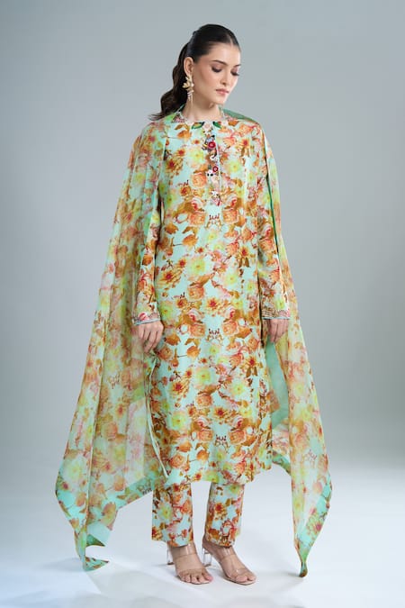 Buy_Anamika Khanna_Sky Blue Embroidery Round Neck Floral Print Kurta Set