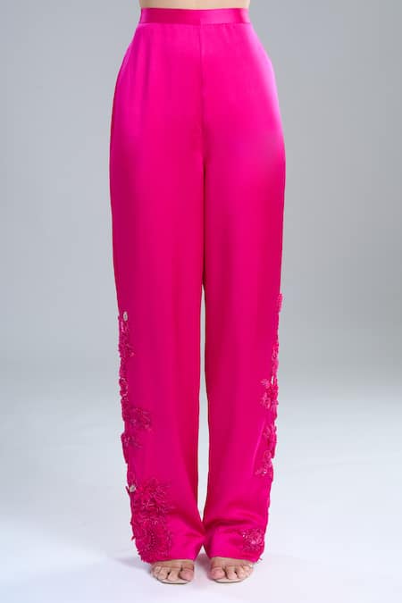 Anamika Khanna Fuchsia Satin Embroidery One Shoulder, Bandeau Neck Cape And Pant Set Online at Aza Fashions Anamika Khanna_Fuchsia Satin Embroidery One Shoulder, Bandeau Neck Cape And Pant Set_Online_at_Aza_Fashions