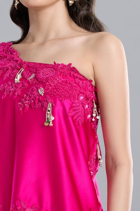 Buy Anamika Khanna Fuchsia Satin Embroidery One Shoulder, Bandeau Neck Cape And Pant Set Online at Aza Fashions Buy_Anamika Khanna_Fuchsia Satin Embroidery One Shoulder, Bandeau Neck Cape And Pant Set_Online_at_Aza_Fashions