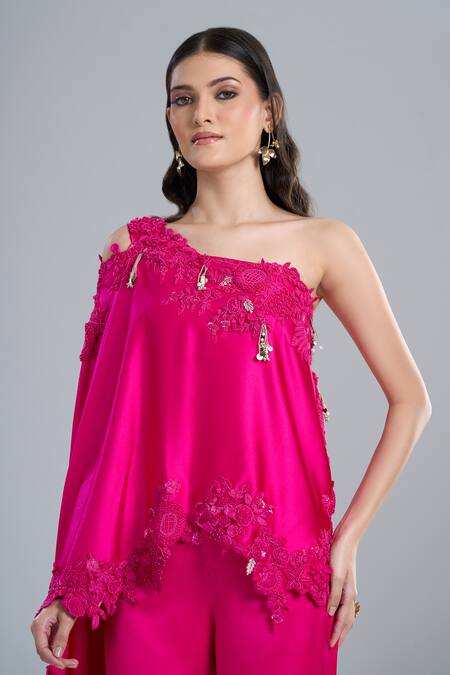 Anamika Khanna Fuchsia Satin Embroidery One Shoulder, Bandeau Neck Cape And Pant Set at Aza Fashions Anamika Khanna_Fuchsia Satin Embroidery One Shoulder, Bandeau Neck Cape And Pant Set_at_Aza_Fashions