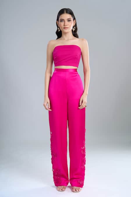 Buy Anamika Khanna Fuchsia Satin Embroidery One Shoulder, Bandeau Neck Cape And Pant Set Buy_Anamika Khanna_Fuchsia Satin Embroidery One Shoulder, Bandeau Neck Cape And Pant Set