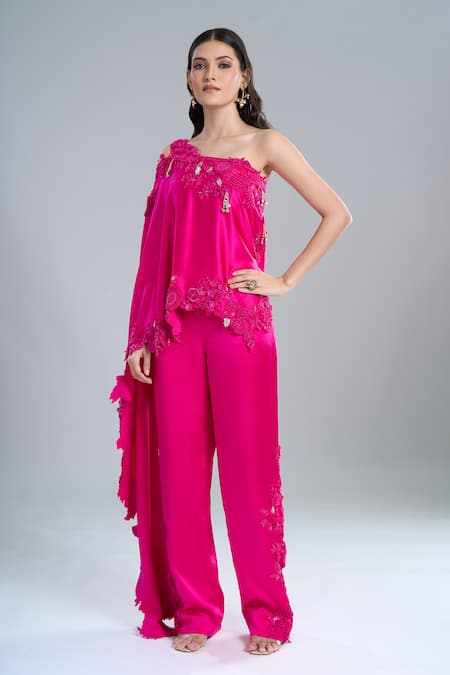 Anamika Khanna Fuchsia Satin Embroidery One Shoulder, Bandeau Neck Cape And Pant Set