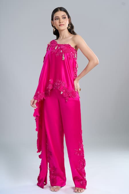 Shop Anamika Khanna Fuchsia Satin Embroidery One Shoulder, Bandeau Neck Cape And Pant Set Shop_Anamika Khanna_Fuchsia Satin Embroidery One Shoulder, Bandeau Neck Cape And Pant Set