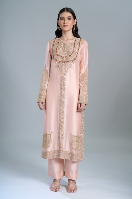 Buy_Anamika Khanna_Pink Embroidery, Beads Round Neck Kurta Set_Online_at_Aza_Fashions