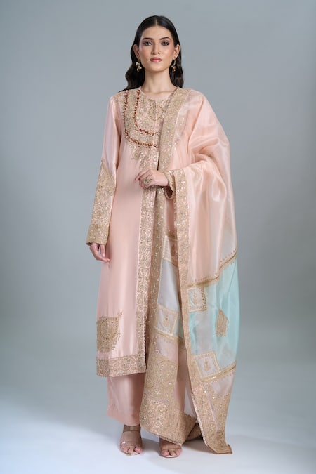 Shop_Anamika Khanna_Pink Embroidery, Beads Round Neck Kurta Set_Online_at_Aza_Fashions