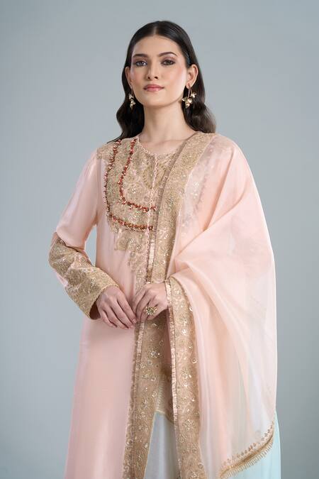 Anamika Khanna_Pink Embroidery, Beads Round Neck Kurta Set_at_Aza_Fashions