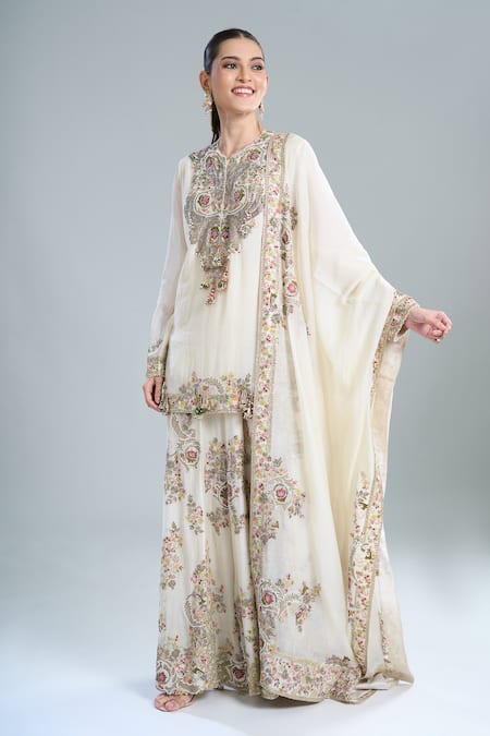 Anamika Khanna_Ivory Beads, Embroidery Round Neck Short Kurta Gharara Set_Online_at_Aza_Fashions