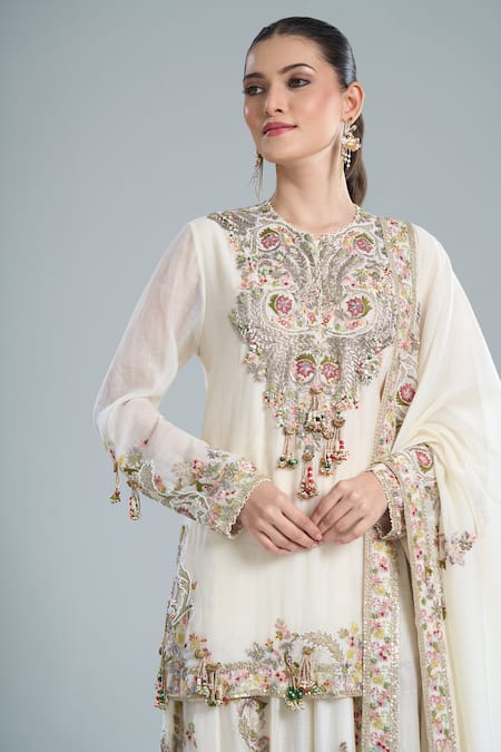 Buy_Anamika Khanna_Ivory Beads, Embroidery Round Neck Short Kurta Gharara Set_Online_at_Aza_Fashions