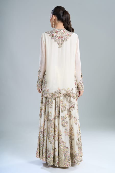 Shop_Anamika Khanna_Ivory Beads, Embroidery Round Neck Short Kurta Gharara Set_at_Aza_Fashions