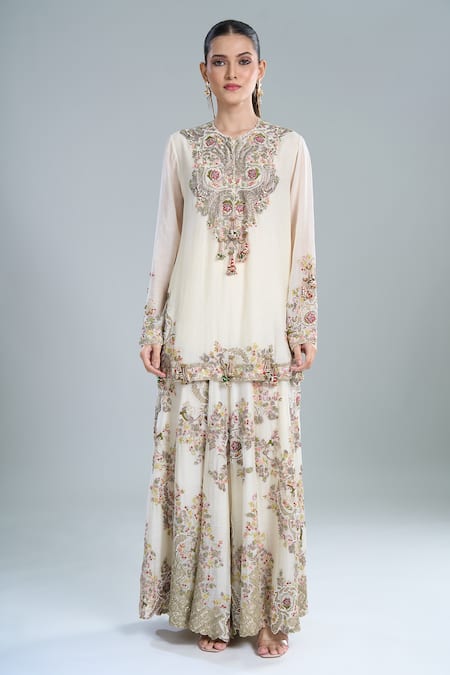 Buy_Anamika Khanna_Ivory Beads, Embroidery Round Neck Short Kurta Gharara Set