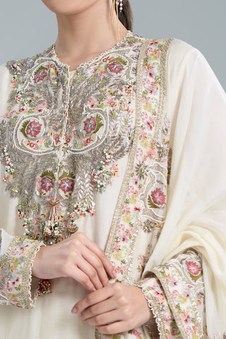 Shop_Anamika Khanna_Ivory Beads, Embroidery Round Neck Short Kurta Gharara Set