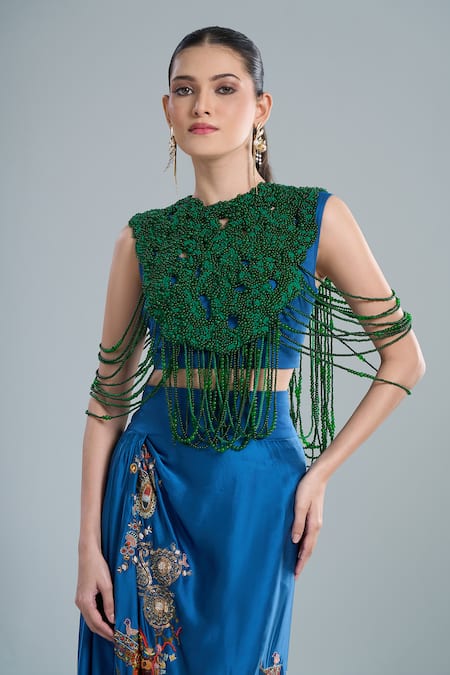 Anamika Khanna Green Beads, Embroidery High , Round Beaded Cape And Draped Skirt Set at Aza Fashions Anamika Khanna_Green Beads, Embroidery High , Round Beaded Cape And Draped Skirt Set _at_Aza_Fashions