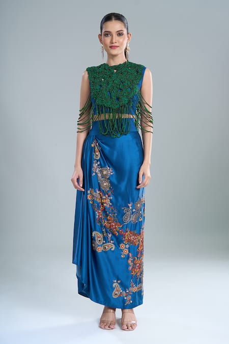 Buy Anamika Khanna Green Beads, Embroidery High , Round Beaded Cape And Draped Skirt Set Buy_Anamika Khanna_Green Beads, Embroidery High , Round Beaded Cape And Draped Skirt Set