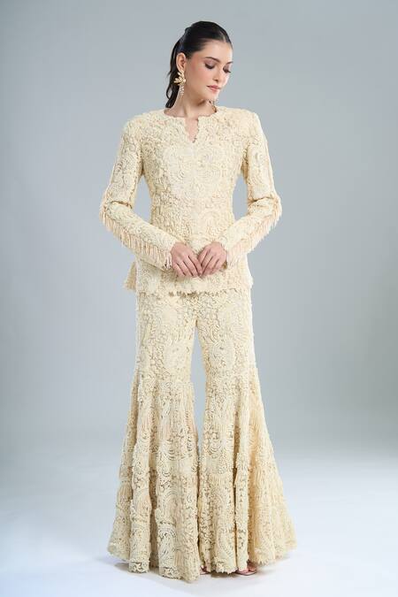 Buy Anamika Khanna Ivory Embroidery, Fringe Split V-neck Peplum Top And Sharara Set Online at Aza Fashions Buy_Anamika Khanna_Ivory Embroidery, Fringe Split V-neck Peplum Top And Sharara Set _Online_at_Aza_Fashions