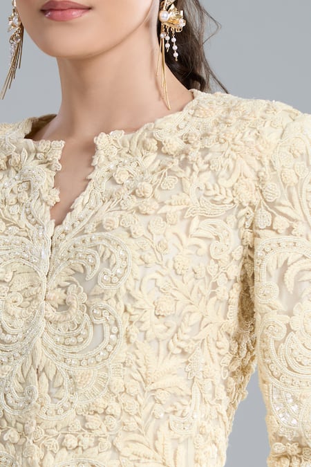 Buy Anamika Khanna Ivory Embroidery, Fringe Split V-neck Peplum Top And Sharara Set Buy_Anamika Khanna_Ivory Embroidery, Fringe Split V-neck Peplum Top And Sharara Set