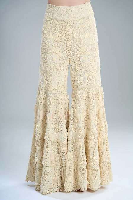 Shop Anamika Khanna Ivory Embroidery, Fringe Split V-neck Peplum Top And Sharara Set Shop_Anamika Khanna_Ivory Embroidery, Fringe Split V-neck Peplum Top And Sharara Set