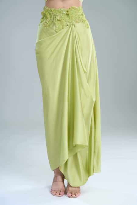 Buy_Anamika Khanna_Green Embroidery Mandarin Collar Lime Shirt And Draped Skirt Set _Online_at_Aza_Fashions