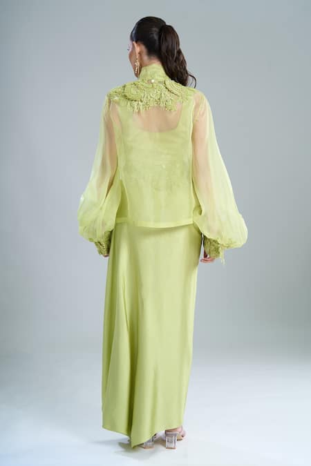 Anamika Khanna Lime Embroidered Shirt & Draped Skirt Set 
