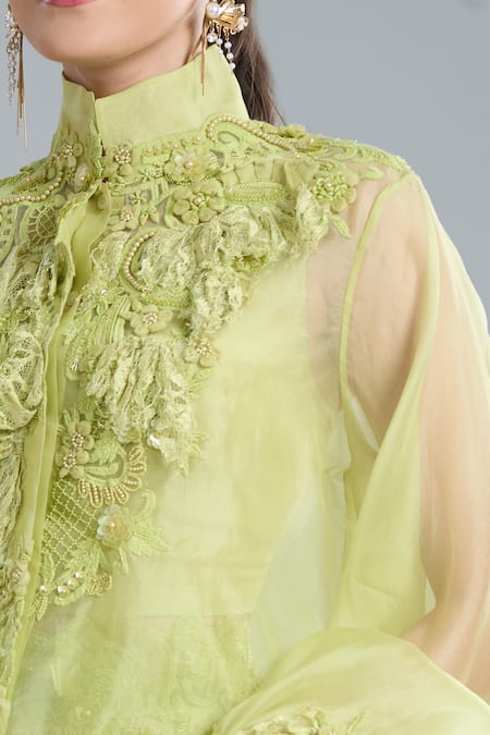Shop_Anamika Khanna_Green Embroidery Mandarin Collar Lime Shirt And Draped Skirt Set _Online_at_Aza_Fashions