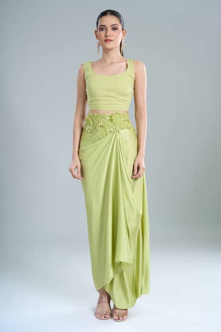 Anamika Khanna_Green Embroidery Mandarin Collar Lime Shirt And Draped Skirt Set _at_Aza_Fashions