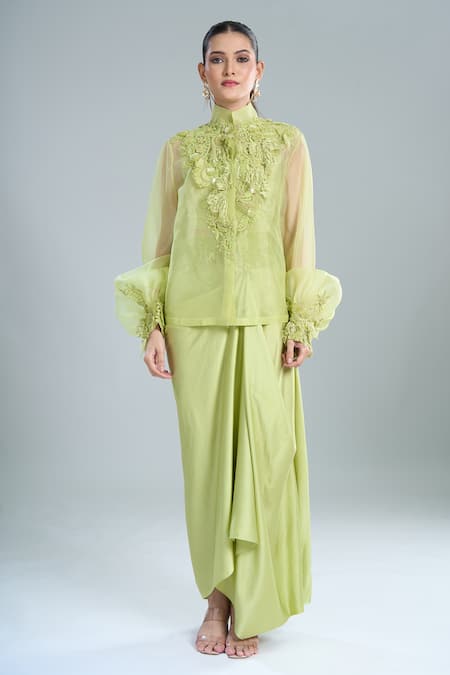 Buy_Anamika Khanna_Green Embroidery Mandarin Collar Lime Shirt And Draped Skirt Set 