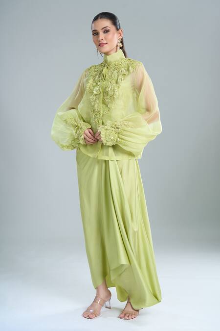 Shop_Anamika Khanna_Green Embroidery Mandarin Collar Lime Shirt And Draped Skirt Set 
