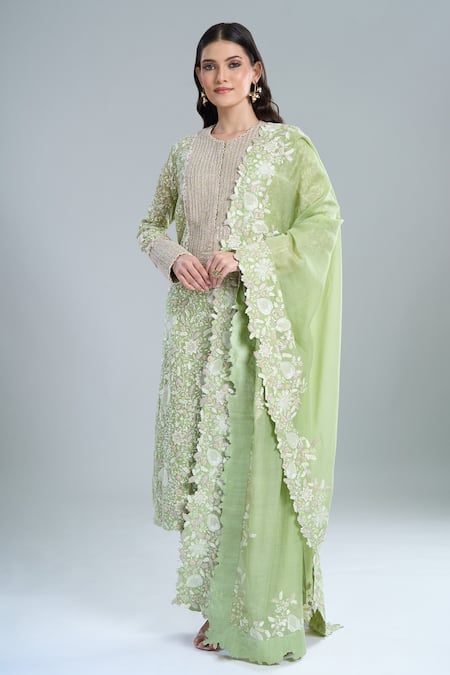 Anamika Khanna Green Embroidery Round Neck Floral Kurta Set
