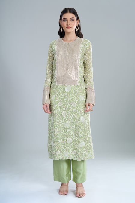 Buy_Anamika Khanna_Green Embroidery Round Neck Floral Kurta Set _Online_at_Aza_Fashions