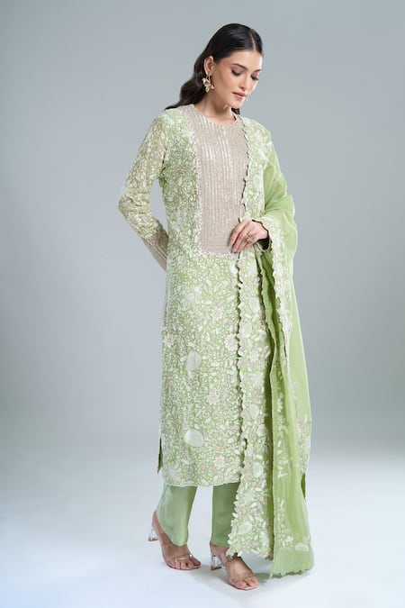 Shop_Anamika Khanna_Green Embroidery Round Neck Floral Kurta Set _Online_at_Aza_Fashions