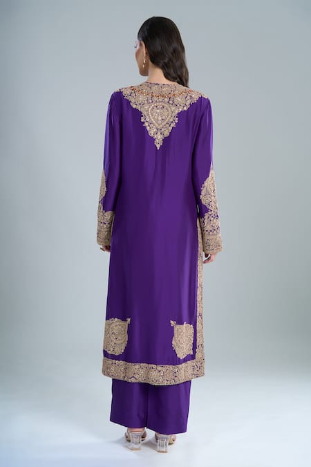 Shop Anamika Khanna Purple Embroidery Round Neck Floral Kurta Set at Aza Fashions Shop_Anamika Khanna_Purple Embroidery Round Neck Floral Kurta Set_at_Aza_Fashions