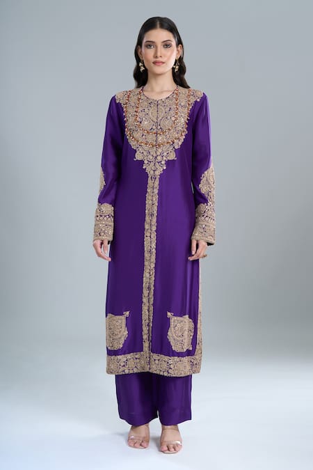 Anamika Khanna Purple Embroidery Round Neck Floral Kurta Set Online at Aza Fashions Anamika Khanna_Purple Embroidery Round Neck Floral Kurta Set_Online_at_Aza_Fashions