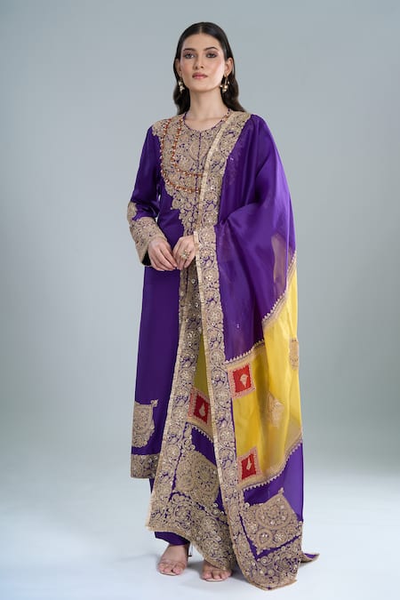 Shop Anamika Khanna Purple Embroidery Round Neck Floral Kurta Set Online at Aza Fashions Shop_Anamika Khanna_Purple Embroidery Round Neck Floral Kurta Set_Online_at_Aza_Fashions