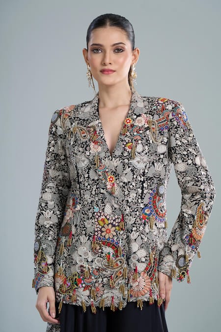 Shop_Anamika Khanna_Black Embroidery Blazer And Lehenga Set _Online_at_Aza_Fashions