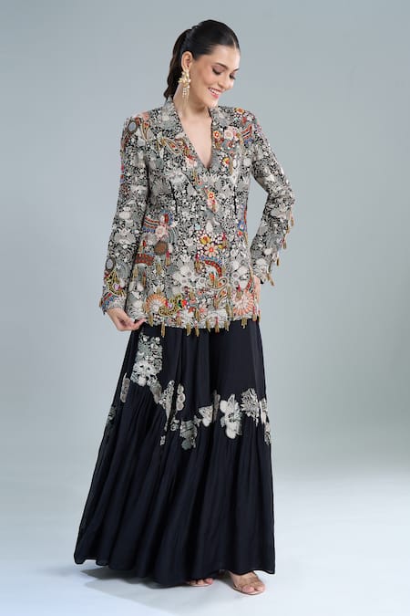 Anamika Khanna Black Embroidery Blazer And Lehenga Set