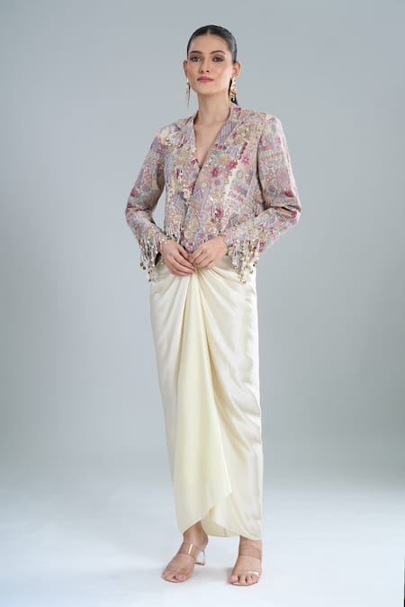Anamika Khanna Ivory Beads, Sequins V-neck Embroidered Short Jacket And Draped Skirt Set