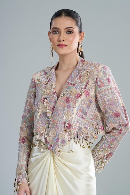 Buy Anamika Khanna Ivory Beads, Sequins V-neck Embroidered Short Jacket And Draped Skirt Set Online at Aza Fashions Buy_Anamika Khanna_Ivory Beads, Sequins V-neck Embroidered Short Jacket And Draped Skirt Set _Online_at_Aza_Fashions