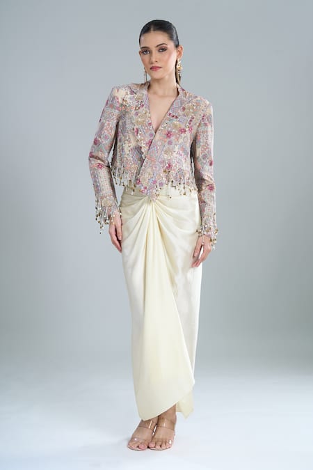 Shop Anamika Khanna Ivory Beads, Sequins V-neck Embroidered Short Jacket And Draped Skirt Set Online at Aza Fashions Shop_Anamika Khanna_Ivory Beads, Sequins V-neck Embroidered Short Jacket And Draped Skirt Set _Online_at_Aza_Fashions