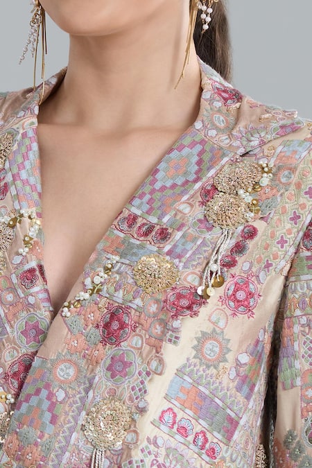 Anamika Khanna Ivory Beads, Sequins V-neck Embroidered Short Jacket And Draped Skirt Set at Aza Fashions Anamika Khanna_Ivory Beads, Sequins V-neck Embroidered Short Jacket And Draped Skirt Set _at_Aza_Fashions