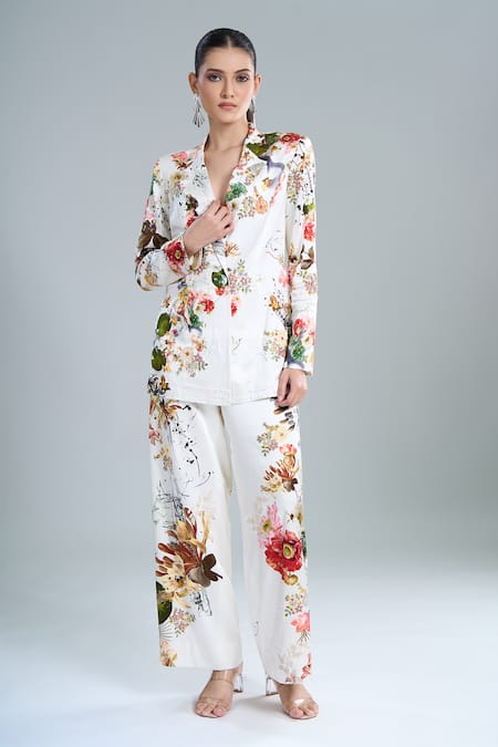 Anamika Khanna Ivory Floral Blazer And Pant Set