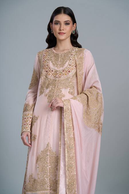 Anamika Khanna_Pink Embroidery Round Neck Straight Kurta Set_Online_at_Aza_Fashions