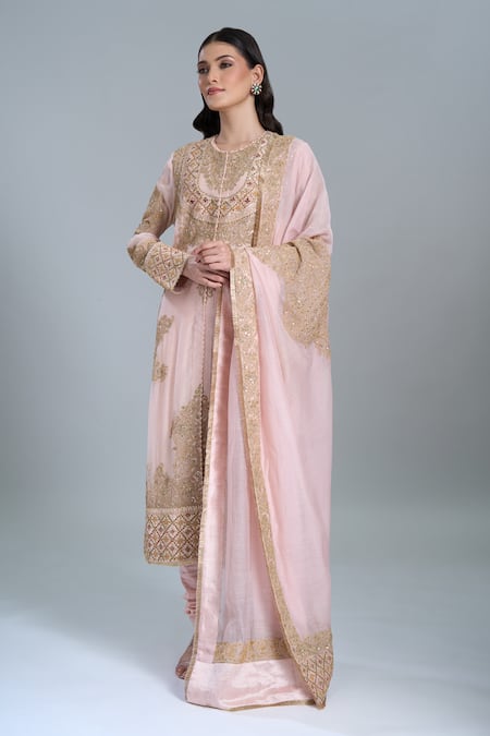 Shop_Anamika Khanna_Pink Embroidery Round Neck Straight Kurta Set_Online_at_Aza_Fashions