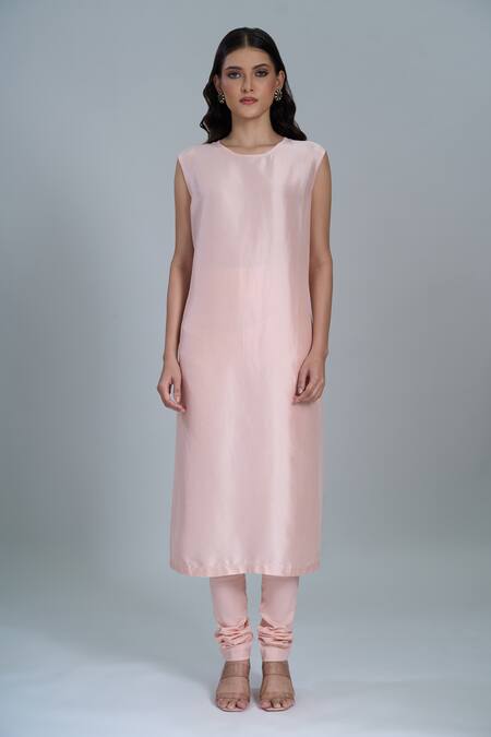 Anamika Khanna_Pink Embroidery Round Neck Straight Kurta Set_at_Aza_Fashions