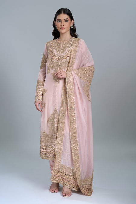 Anamika Khanna Pink Embroidery Round Neck Straight Kurta Set