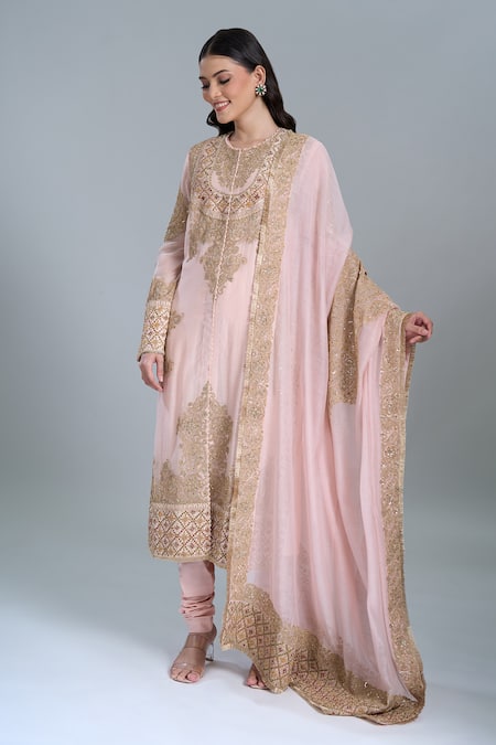 Buy_Anamika Khanna_Pink Embroidery Round Neck Straight Kurta Set