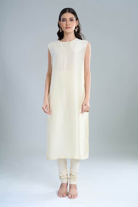 Buy_Anamika Khanna_Ivory Embroidery Round Neck Straight Kurta Set _Online_at_Aza_Fashions